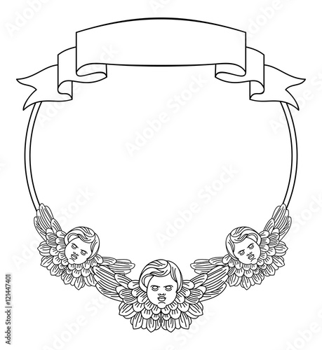 Black and white round  frame with outline cherub in vintage style. Vector custom 
element for design artworks.