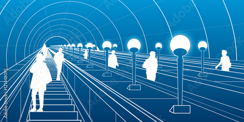 Metro escalator, people travel down the stairs, city scene, white lines on blue background, vector design art