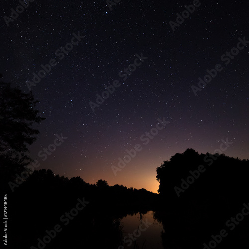 Night sky with bright stars. Against the background of the pond