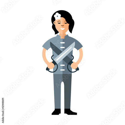 Vector Wing Chun kung fu Girl with two swords. Flat style colorful Cartoon illustration.