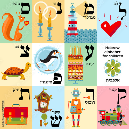 Hebrew alphabet with pictures for children. Set 2.