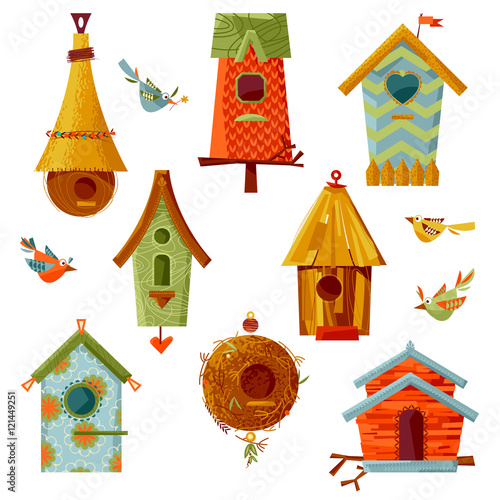 Vászonkép Set of multi-colored birdhouses of various shapes.
