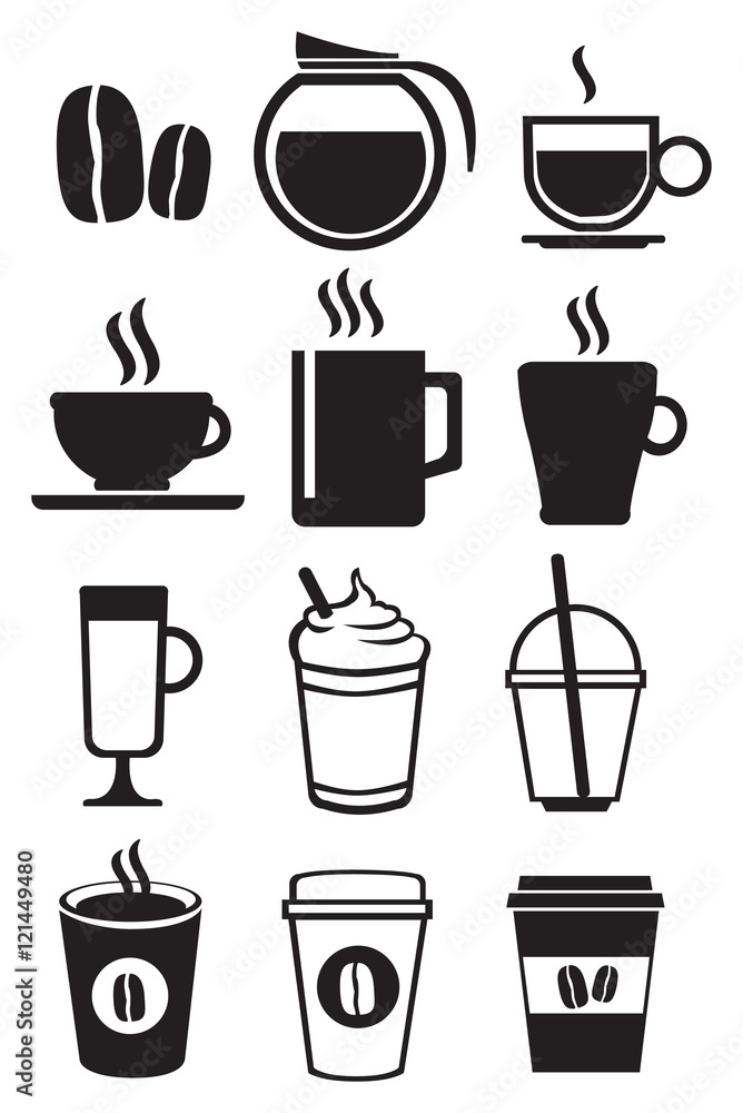 Black and White Coffee Beverages Vector Icon Set