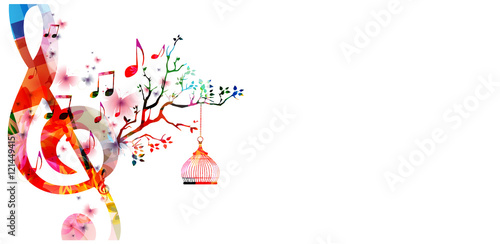 Creative music style template vector illustration, colorful G-clef with music notes background. Nature inspired design for poster, card, flyer, brochure, banner, concert, music festival, music shop