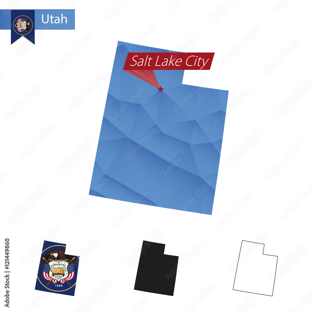 State of Utah blue Low Poly map with capital Salt Lake City. Stock