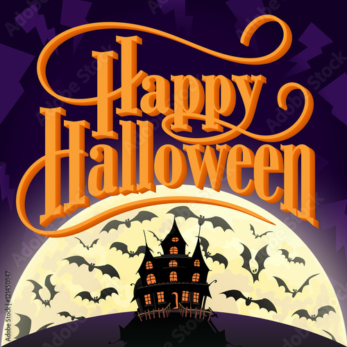 Happy Halloween Vector Illustration with Bats, Moon and an Enchanted House.