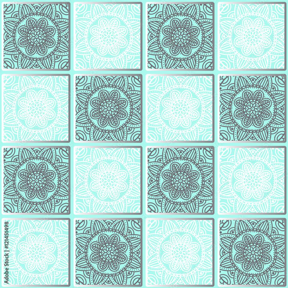 Seamless quadratic pattern with ethnic round ornament - mandalas in white and gray color scheme, on a turquoise background Seamless quadratic pattern with ethnic round ornament - mandalas in white and gray color scheme, on a turquoise background