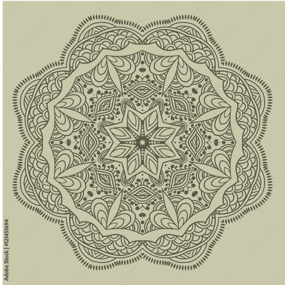 Fototapeta premium Mandala design hand drawn oriental elements beige on grey background. Template for your designs. vector illustration