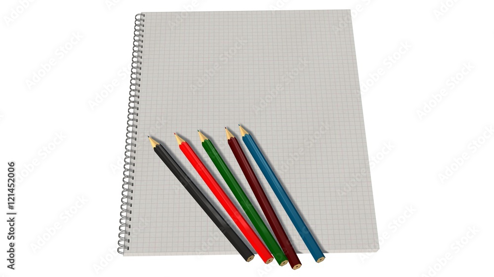 Blank spiral bound notebook with squared paper and color pencil isolated on white Blank spiral bound notebook with squared paper and color pencil isolated on white