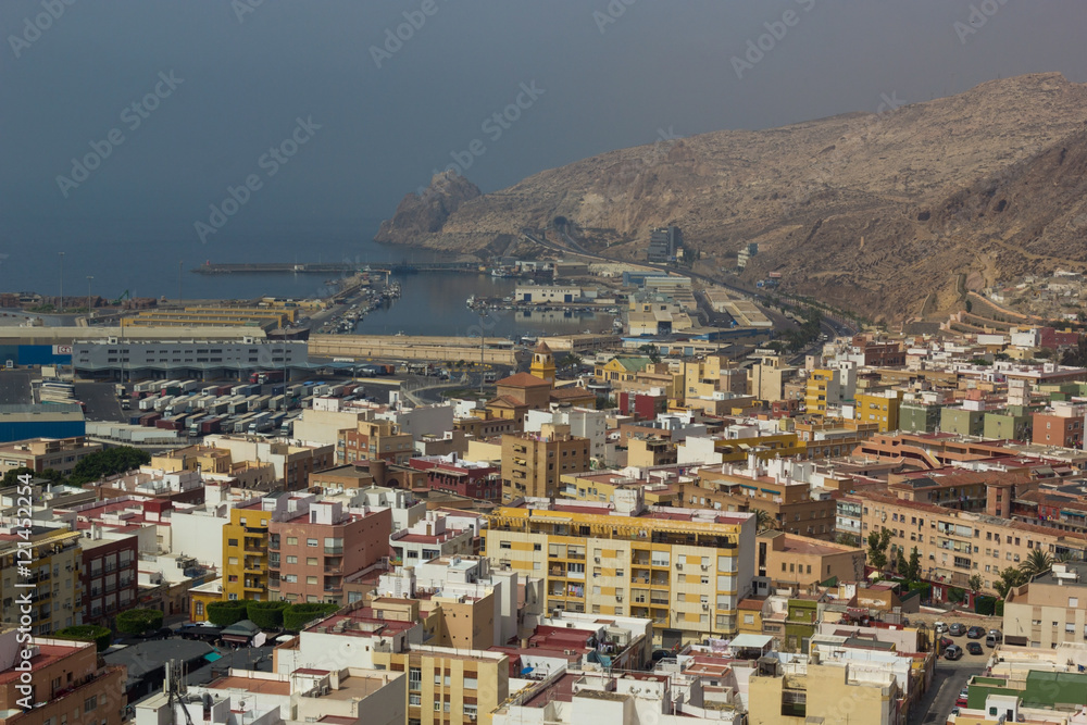 View of the port from the Alcazaba fortress in Almeria, Spain
