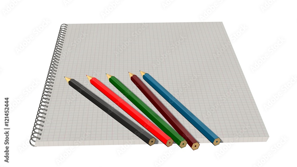 Blank spiral bound notebook with squared paper and color pencil isolated on white Blank spiral bound notebook with squared paper and color pencil isolated on white