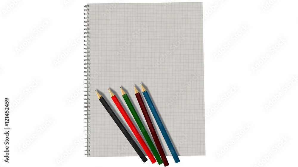 Blank spiral bound notebook with squared paper and color pencil isolated on white Blank spiral bound notebook with squared paper and color pencil isolated on white