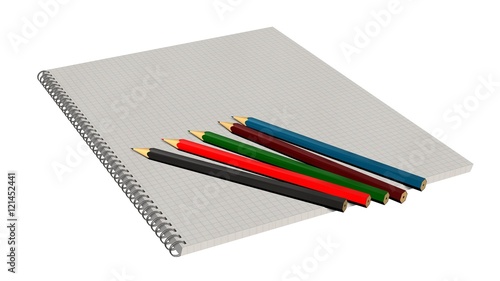 Blank spiral bound notebook with squared paper and color pencil isolated on white 