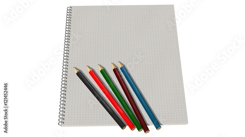 Blank spiral bound notebook with squared paper and color pencil isolated on white 