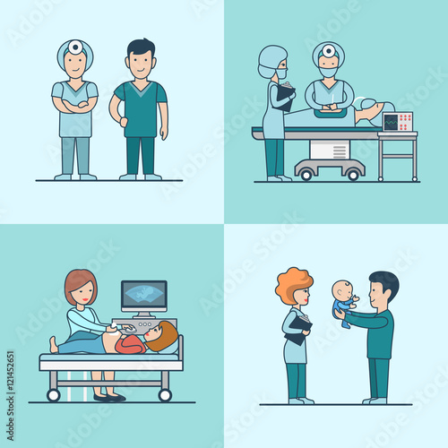 Linear Flat Health caesarian baby born surgery vector set