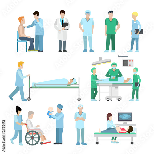 Linear Flat Health care surgeon therapist nurse baby vector set