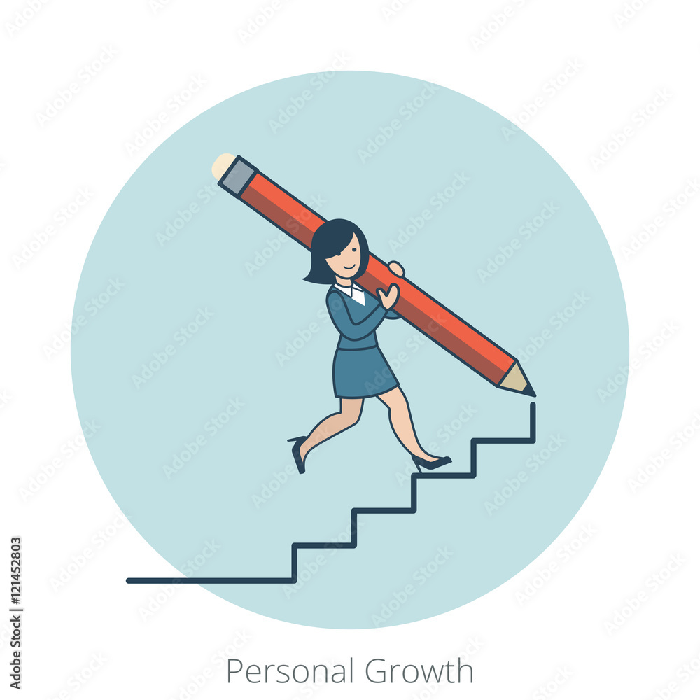 Linear Flat Personal Growth Business woman stairs walk up vector