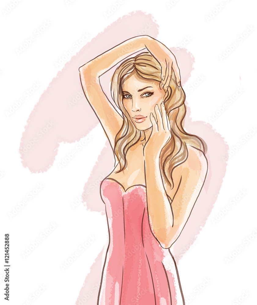 Hand-drawn fashion model, watercolor  illustration of woman touch her face