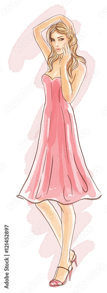 Hand-drawn fashion model, watercolor illustration of woman touch her face Hand-drawn fashion model, watercolor illustration of woman touch her face
