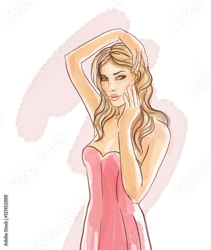 Hand-drawn fashion model, watercolor  illustration of woman touch her face