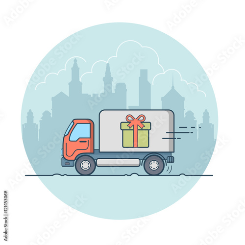 Linear Flat Van present box cityscape vector Surprise delivery