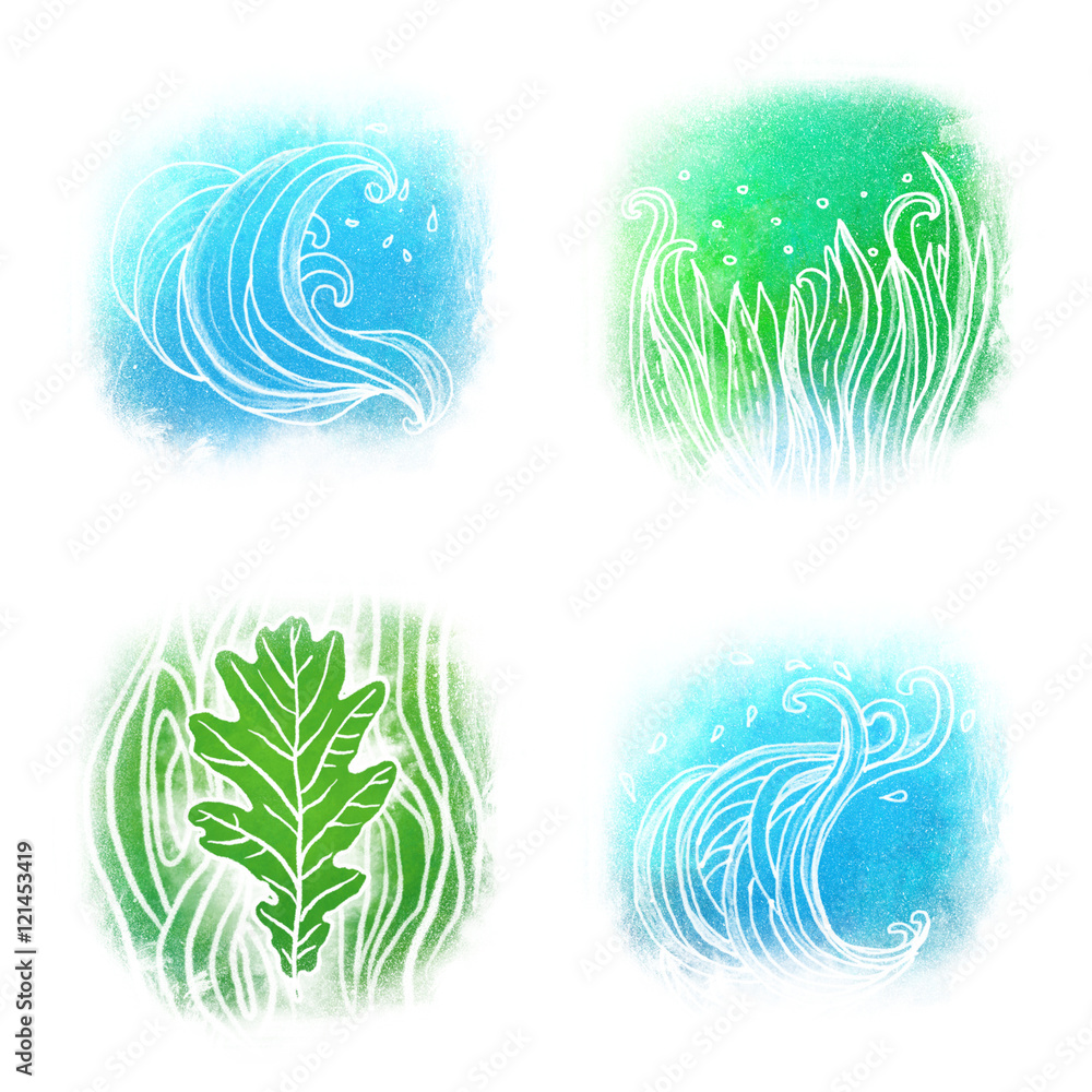 llustrated icon set of waves an grass symbols