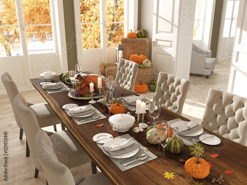 nordic kitchen in an apartment. 3D rendering. thanksgiving concept.