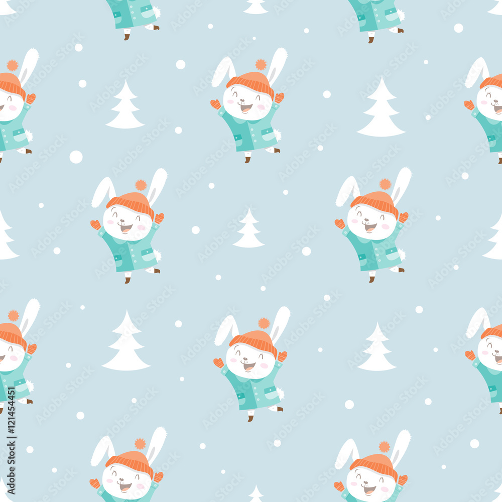 Seamless pattern with cute cartoon hares in coat on blue background. Winter time. Snowy weather in  woods. Funny animals in clothes. Vector image. Children's illustration.