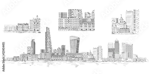 Fototapeta Modern London. City of London and Canary Wharf with crane and building sites of new developments