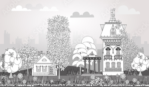 Fototapeta Doodle of beautiful city with very detailed and ornate town houses, gardens,  trees and lanterns. City background