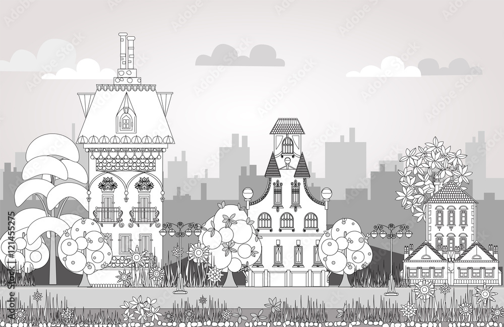 Doodle of beautiful city with very detailed and ornate town houses, gardens, trees and lanterns. City background Doodle of beautiful city with very detailed and ornate town houses, gardens, trees and lanterns. City background