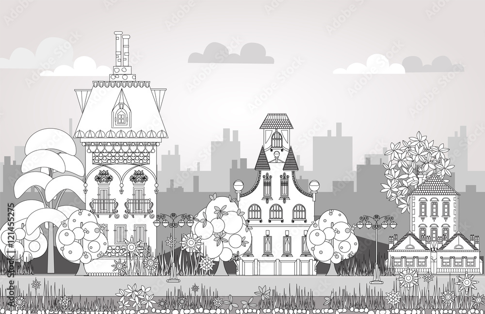 Doodle of beautiful city with very detailed and ornate town houses, gardens,  trees and lanterns. City background