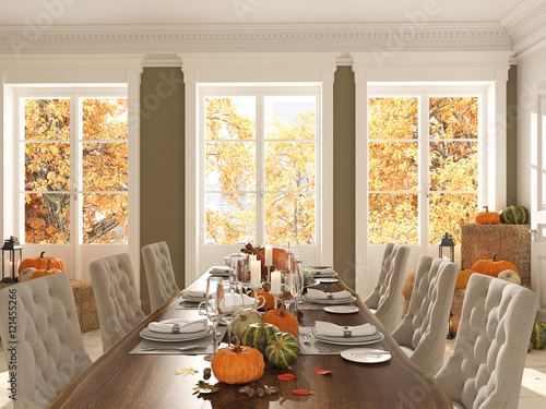 nordic kitchen in an apartment. 3D rendering. thanksgiving concept.