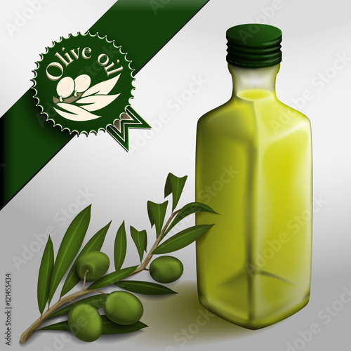 Bottle of olive oil and olive branch. Olive branch label.