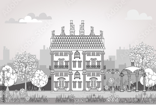 Fototapeta Doodle of beautiful city with very detailed and ornate town houses, gardens,  trees and lanterns. City background