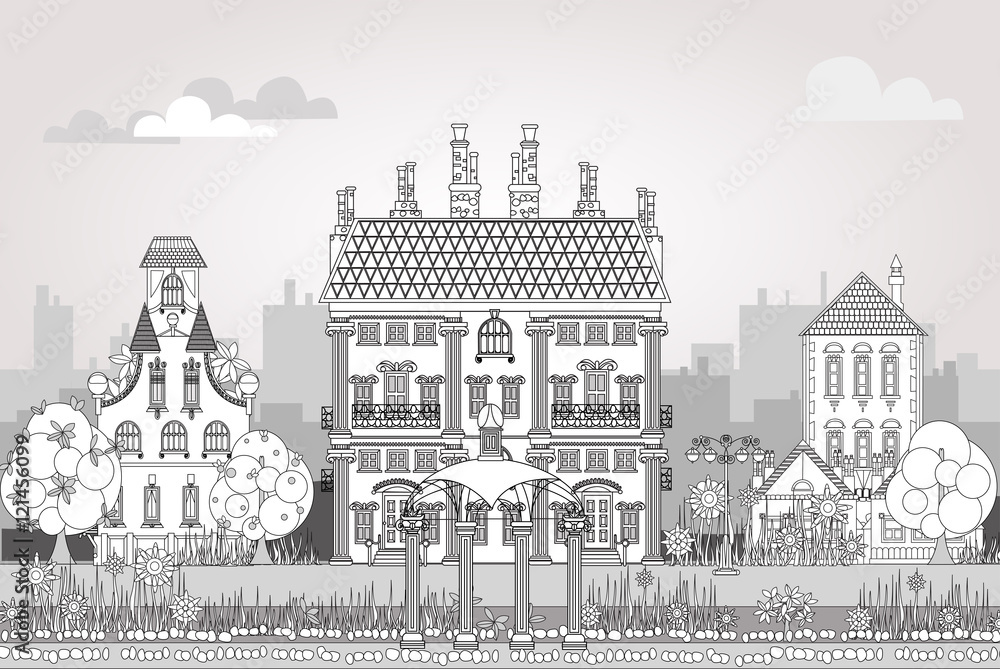 Doodle of beautiful city with very detailed and ornate town houses, gardens,  trees and lanterns. City background