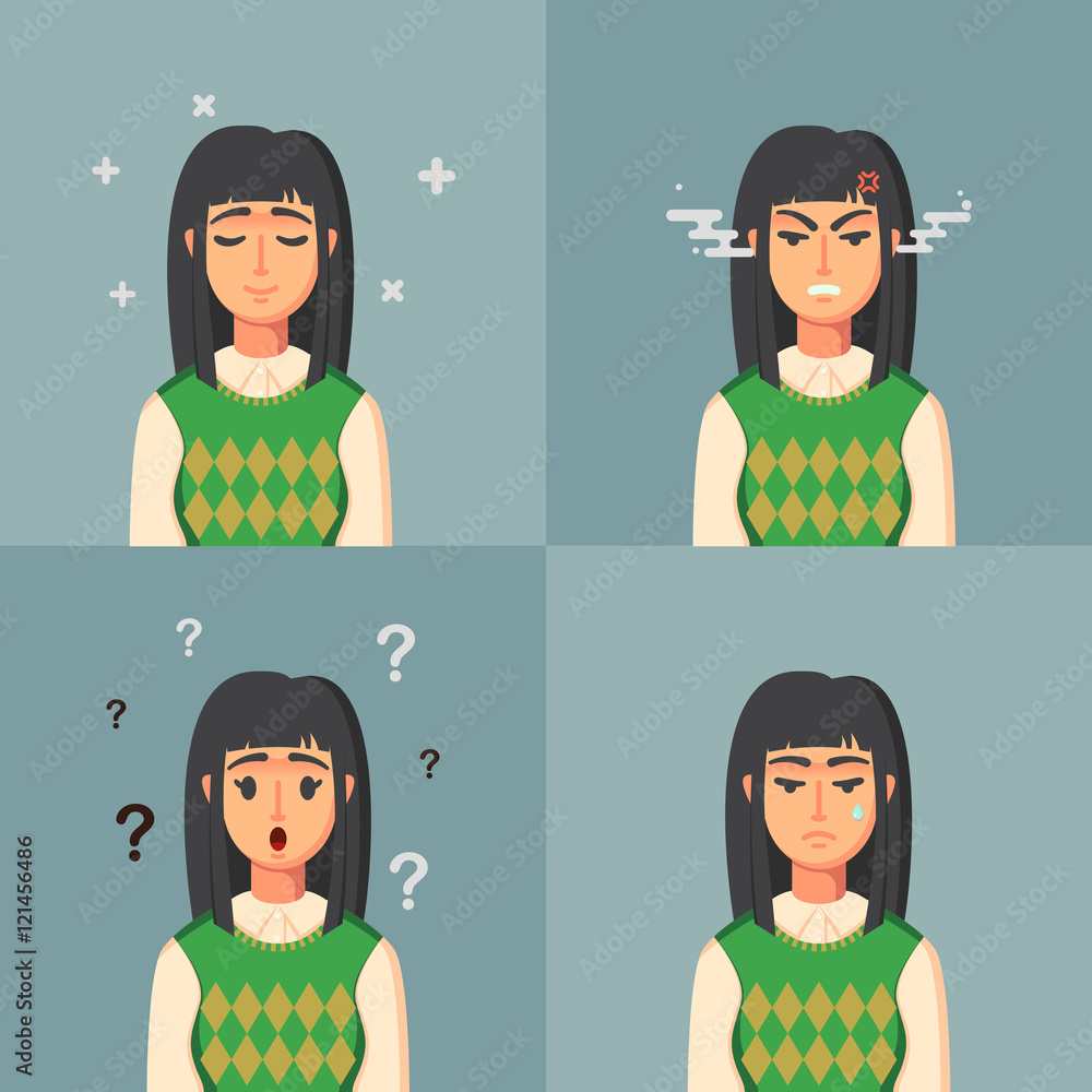 Funny Cartoon Character Office Worker Calm Sad Angry Confused Woman
