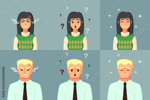 Funny Cartoon Character. Office Worker Calm Angry confused. man woman Vector Illustration