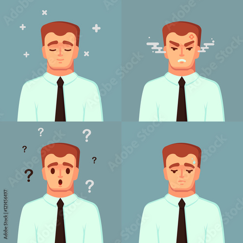 Funny Cartoon Character. Office Worker Calm Sad Angry confused. Man Vector Illustration