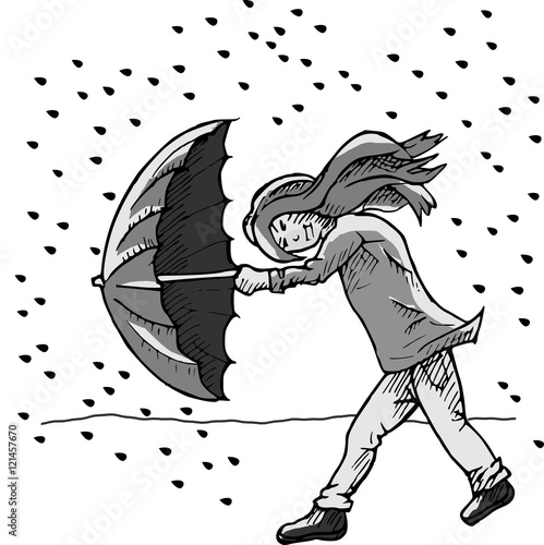zwart wit illustratie van meisje in storm photo