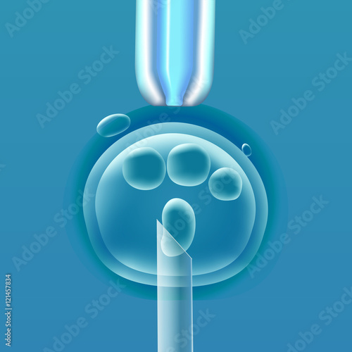 In vitro fertilization IVF , the egg ovum , pipette and pipe vertical, reproduction in humans illustration for an article, site or typography magazine, brochure, flyer, poster , light blue