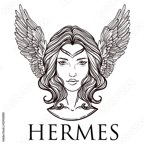 Vector illustration of the Greek god Hermes in the form of a woman. The girl goddess, Mercury with wings. Hand-drawn vintage linear tattoo design. Isolated vector art.