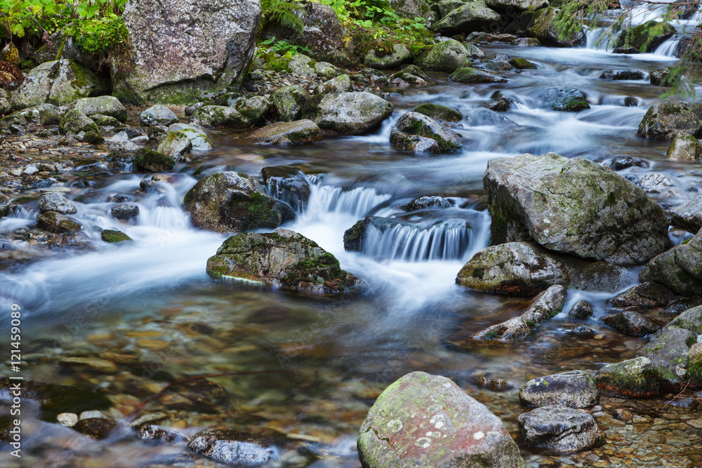 Mountain brook flowing around stones