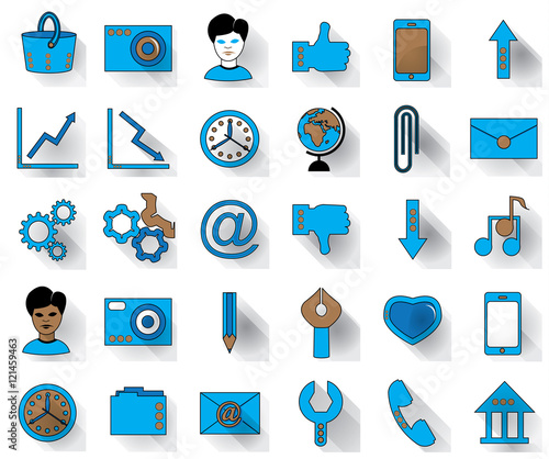 Thirty blue favicon flat icons on a white background for site