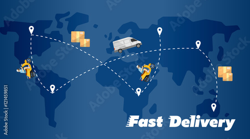 Delivery truck and scooter biker on background of blue world map with routes. Fast delivery banner, vector illustration. Courier service. Worldwide shipping and moving. International postage concept.