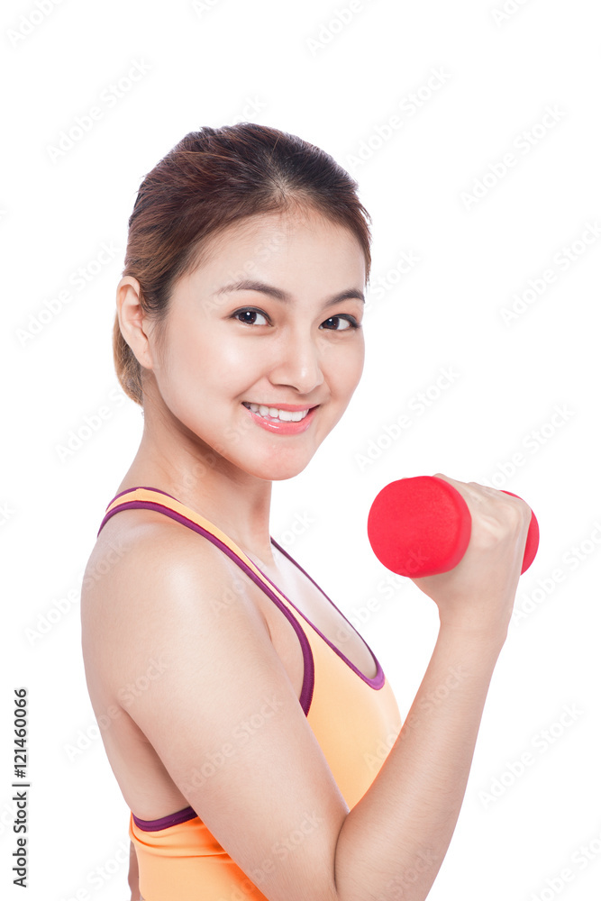 Asian woman working out with dumbbells happy and healthy lifesty Asian woman working out with dumbbells happy and healthy lifesty