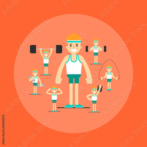 Athletic young man with barbell, dumbbells, weight and skipping rope doing exercises, vector illustration set in flat style. Healthy lifestyle. Fitness people. Workout and gymnastics.