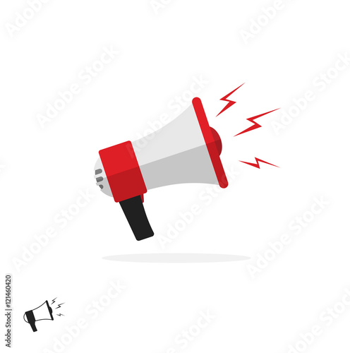 Megaphone icon isolated on white background, flat cartoon colorful bullhorn symbol, speaking trumpet illustration