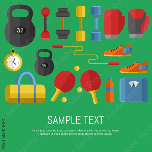 Vector illustration of gym sports equipment banner in flat style. Sports equipments on green background. Outdoors activity. Workout and gymnastics. Different tools for sport.