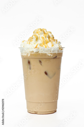 Iced coffee cafe latte with cream and caramel